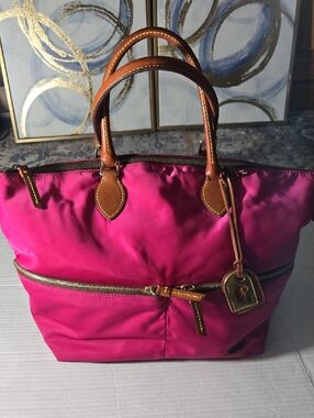 Dooney & Bourke Fuchsia Nylon Tote with Brown Leather Trim